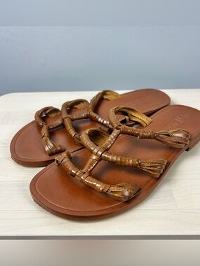 MANGO Leather Strappy Sandals 7/38 Brown Boho Vacation Tropical Beachy Minimal